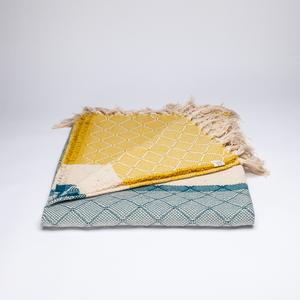 Color Block Azulejo Cotton Blanket, Yellow and Blue